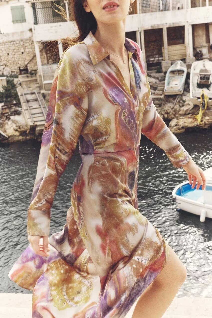Spring Women Clothing Fashionable Printed Silk Satin Textured Dress