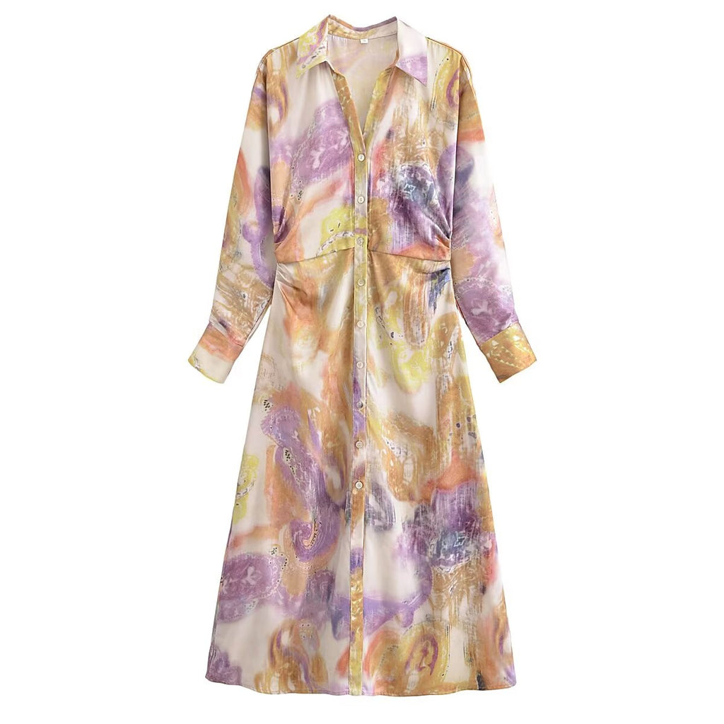 Spring Women Clothing Fashionable Printed Silk Satin Textured Dress