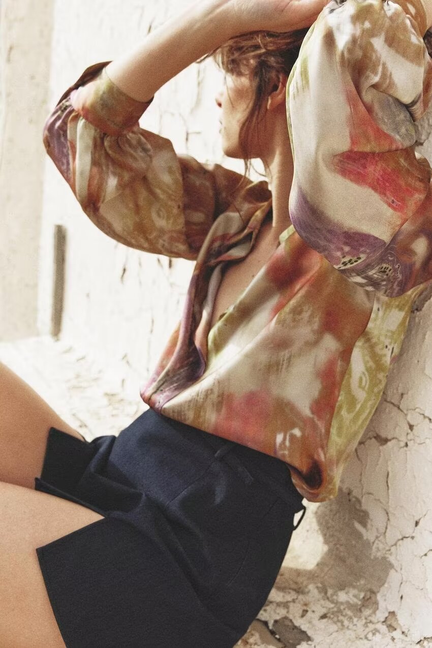 Spring Women Clothing Fashionable All Match Printed Silk Satin Textured Shirt