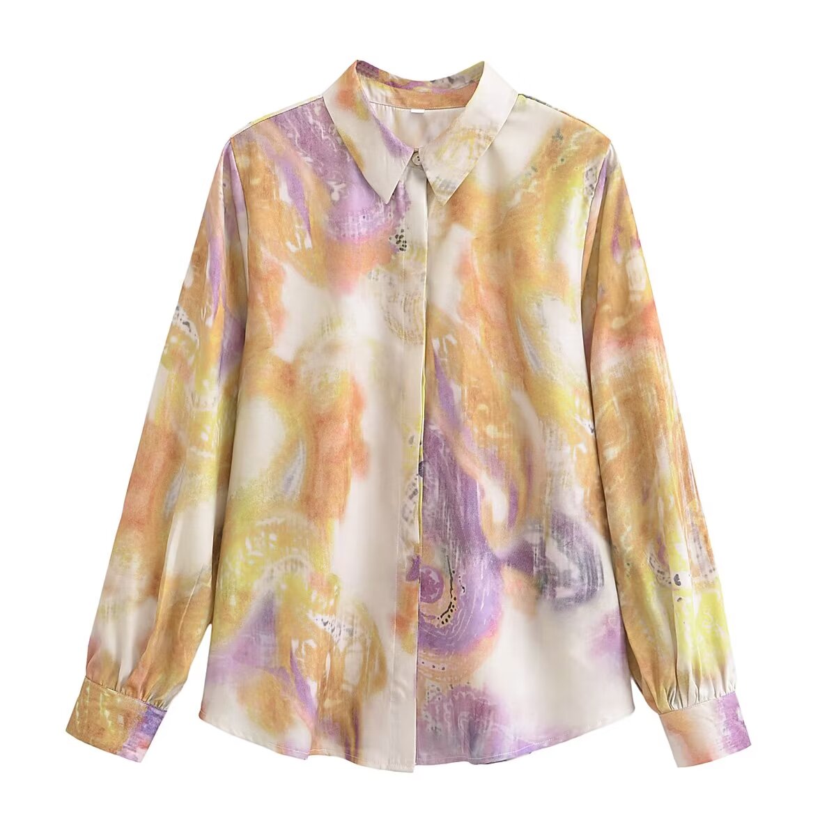 Spring Women Clothing Fashionable All Match Printed Silk Satin Textured Shirt