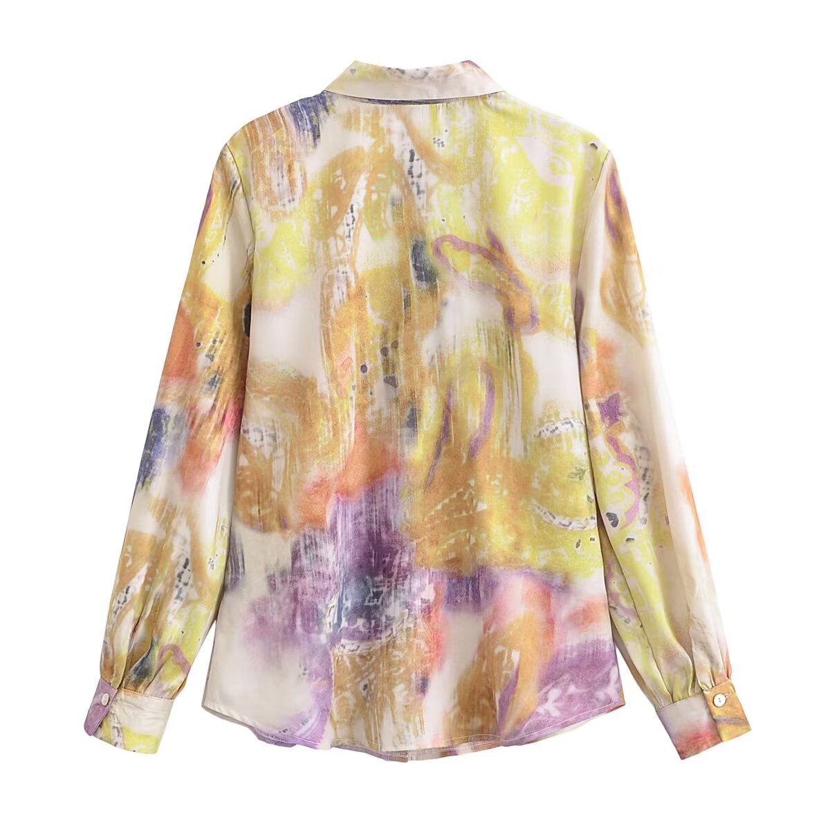 Spring Women Clothing Fashionable All Match Printed Silk Satin Textured Shirt