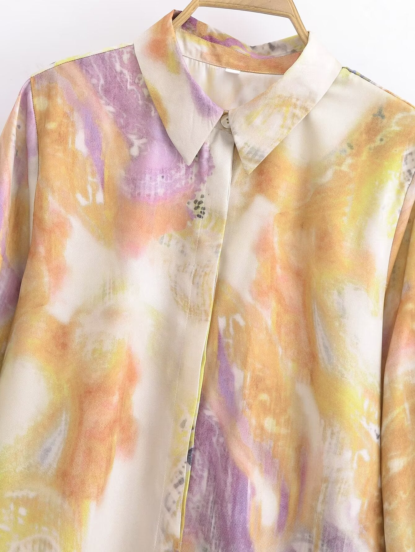 Spring Women Clothing Fashionable All Match Printed Silk Satin Textured Shirt