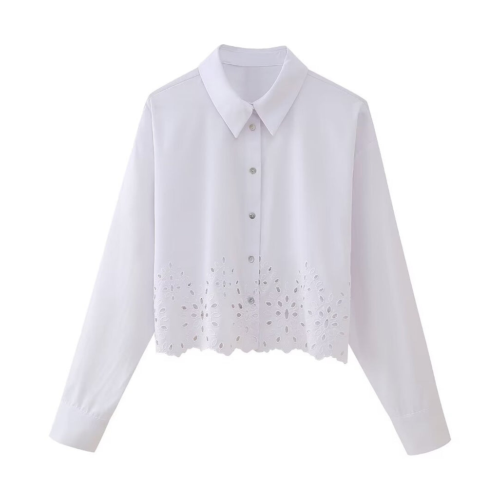 Women Clothing French Hollow Out Cutout Embroidery Short Shirt