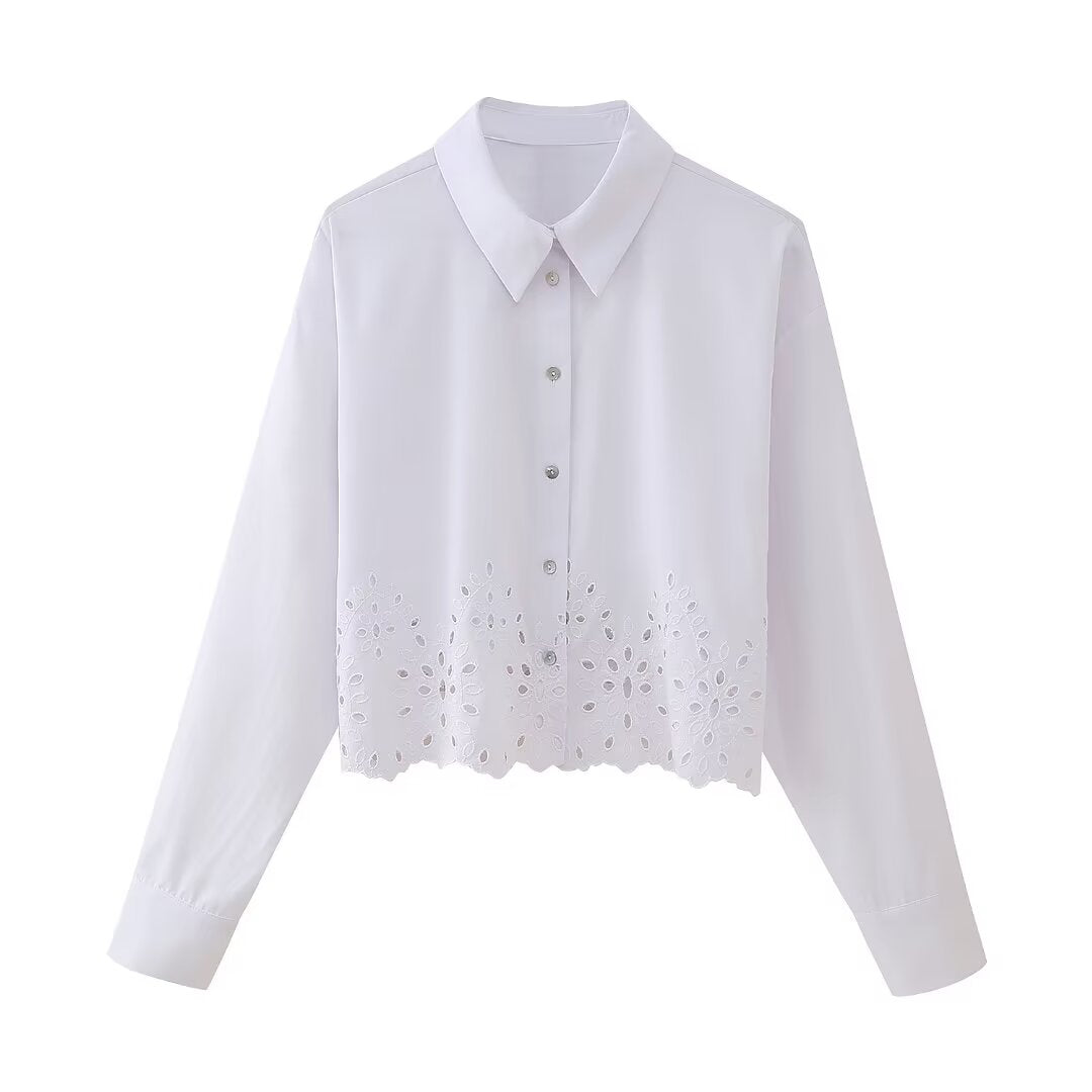 Women Clothing French Hollow Out Cutout Embroidery Short Shirt
