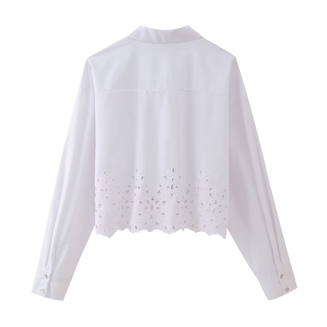 Women Clothing French Hollow Out Cutout Embroidery Short Shirt