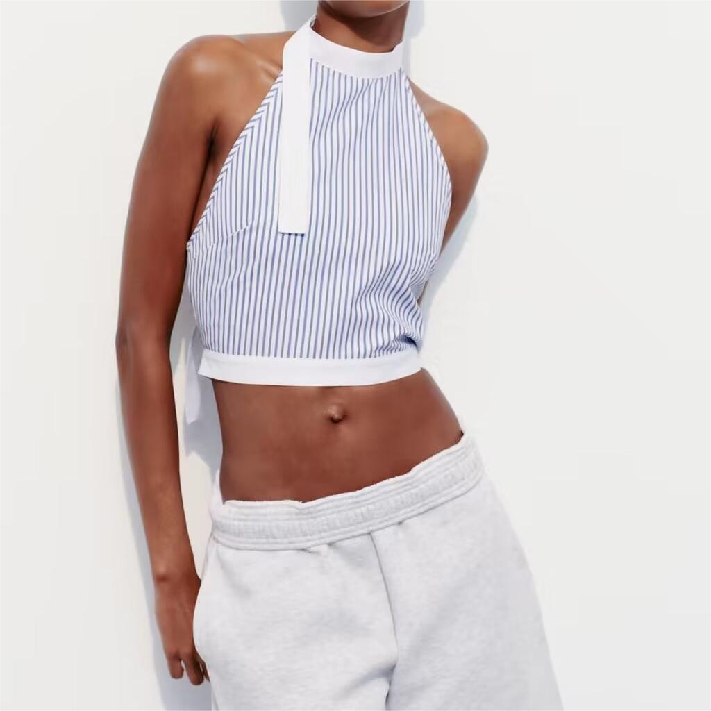 Spring Women Street Striped Poplin Hanging Collar Top