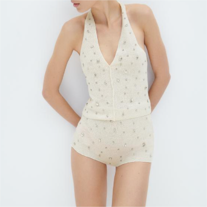 Spring Women Clothing Jewelry Inlaid Collar Top Shorts Suit