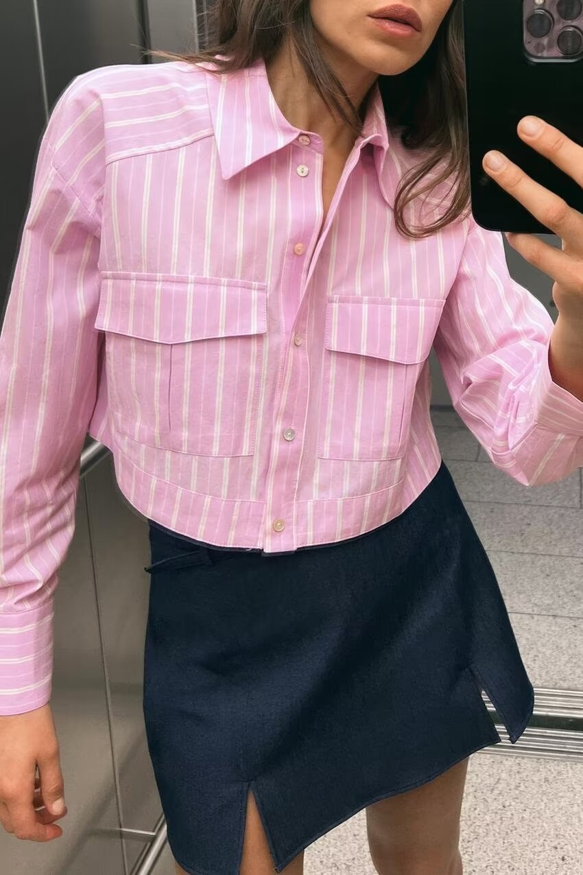 Summer Women Striped Patch Bag Decoration Casual Short Long Sleeve All Match Shirt