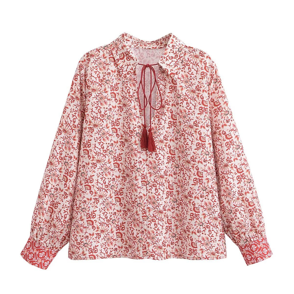Spring Elegant Collared Lace up Floral Pullover Shirt Top for Women