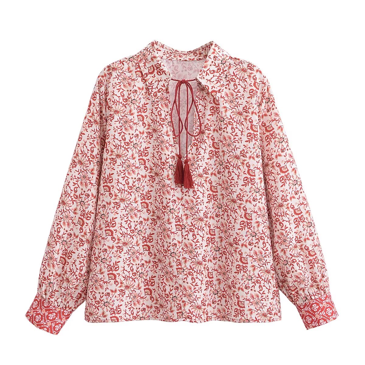 Spring Elegant Collared Lace up Floral Pullover Shirt Top for Women