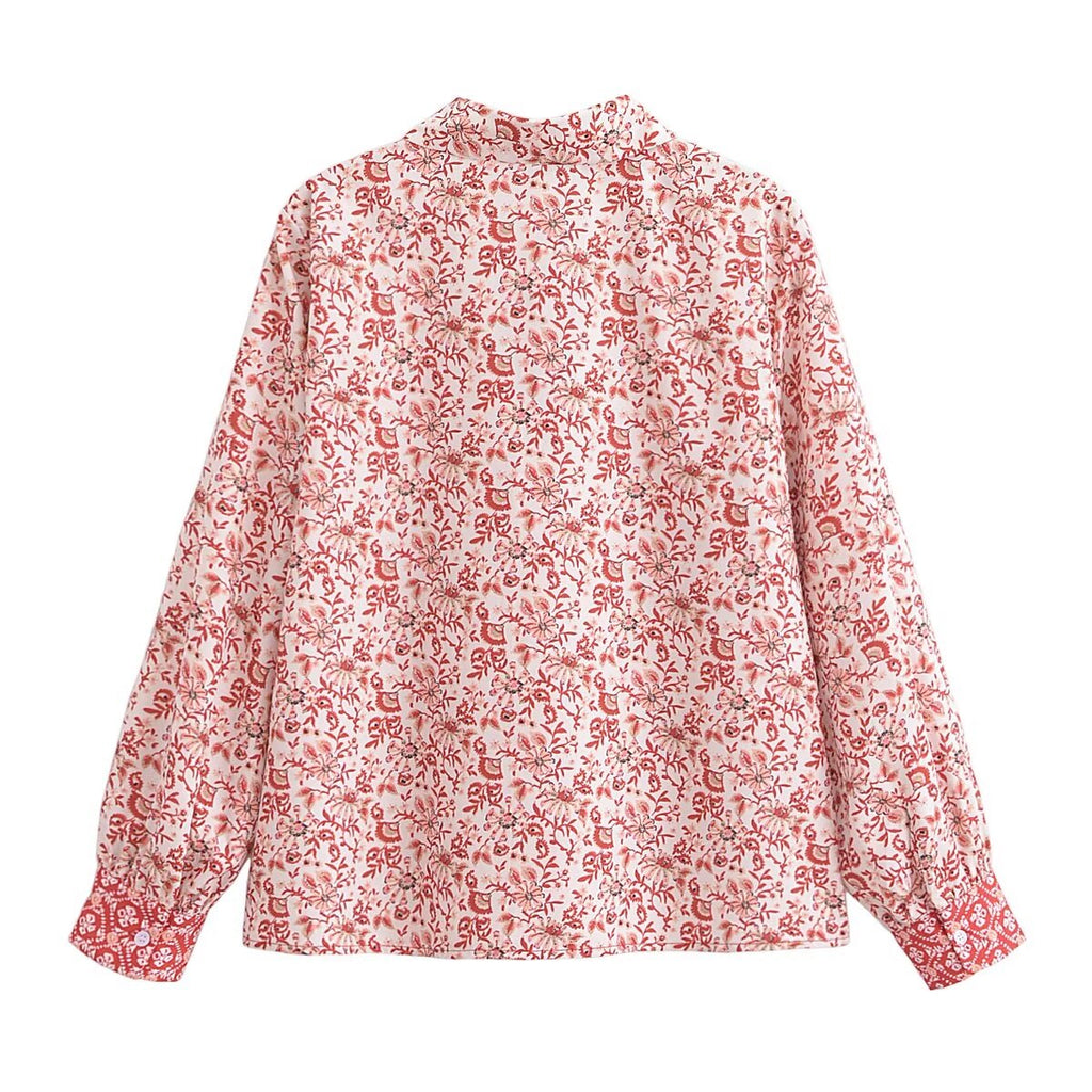 Spring Elegant Collared Lace up Floral Pullover Shirt Top for Women