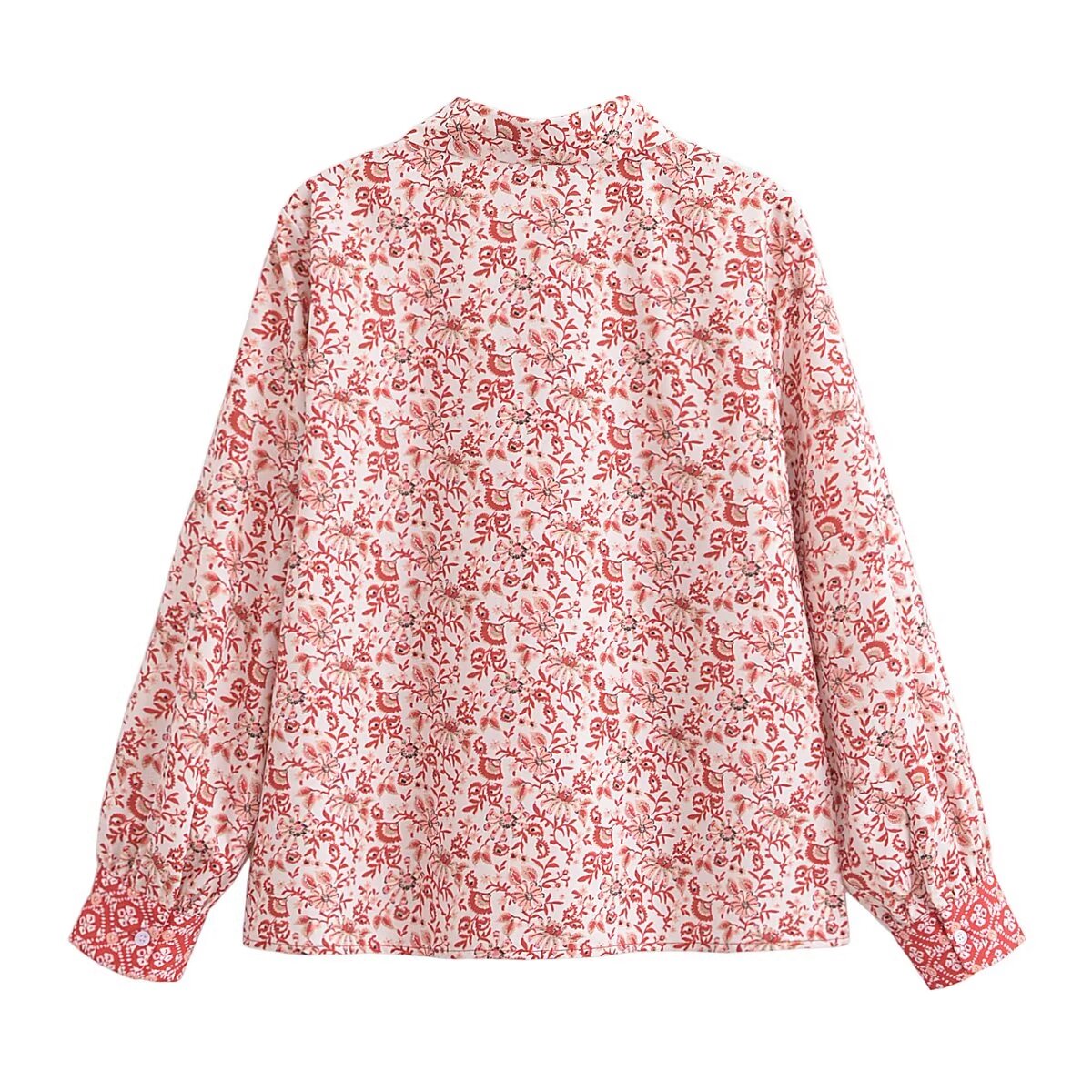 Spring Elegant Collared Lace up Floral Pullover Shirt Top for Women