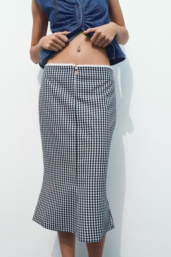 Women Spring Casual High Waist Vichy Plaid Midi Skirt