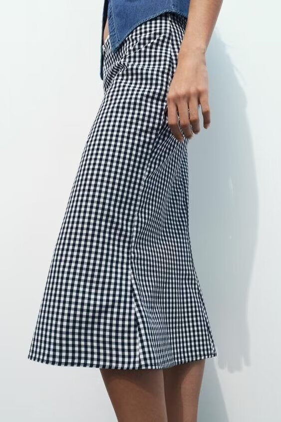 Women Spring Casual High Waist Vichy Plaid Midi Skirt