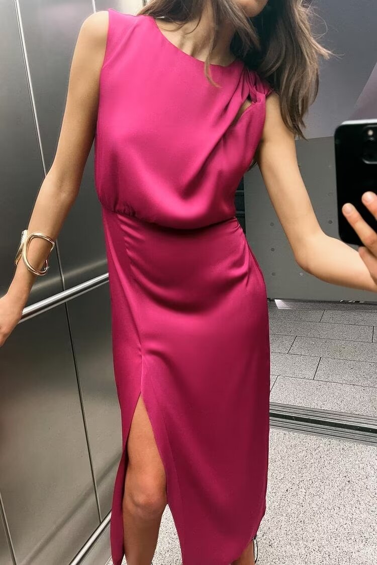Women French Mid Length Sleeveless Evening Dress Silk Satin Texture Midi Dress