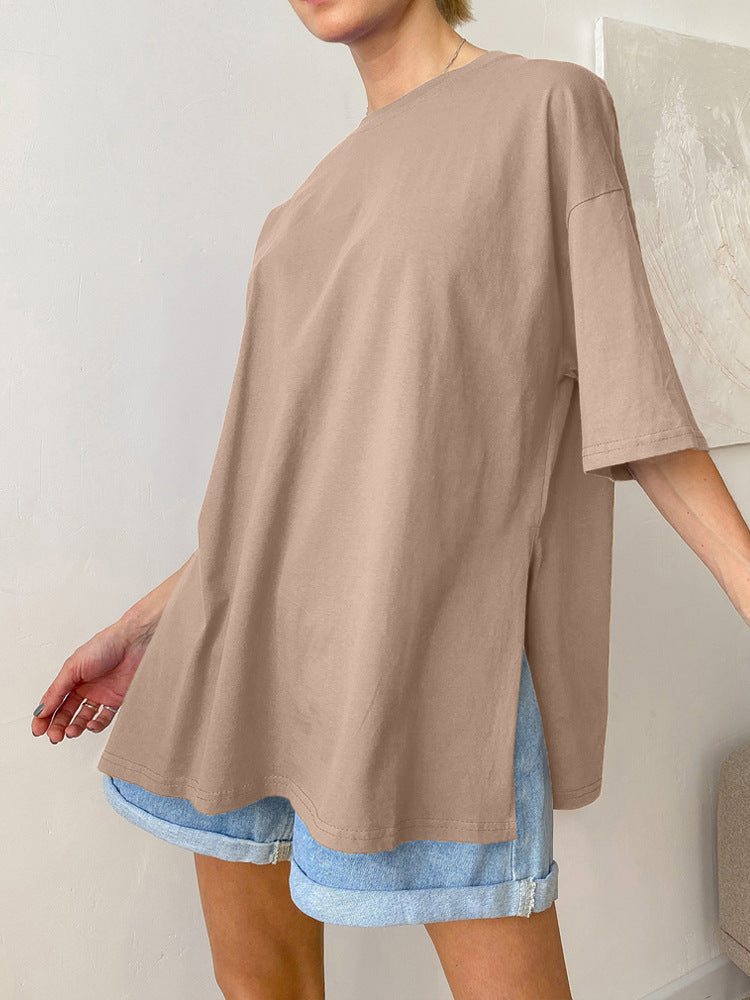 Summer Loose Split Cotton Short Sleeved T Shirt Women Comfortable Round Neck Solid Color