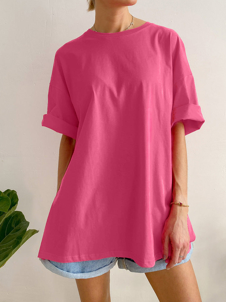 Summer Loose Split Cotton Short Sleeved T Shirt Women Comfortable Round Neck Solid Color