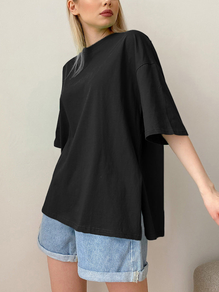 Summer Loose Split Cotton Short Sleeved T Shirt Women Comfortable Round Neck Solid Color