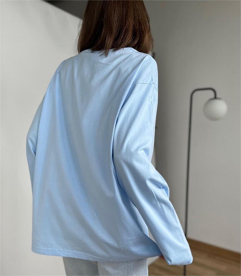 Spring Autumn Solid Color Long Sleeved T Shirt Women Loose Basic Casual Cotton Top