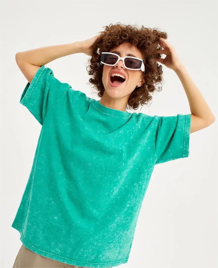 Spring Summer Solid Color T Shirt Women Washed Old Batik Top Cotton Short Sleeve