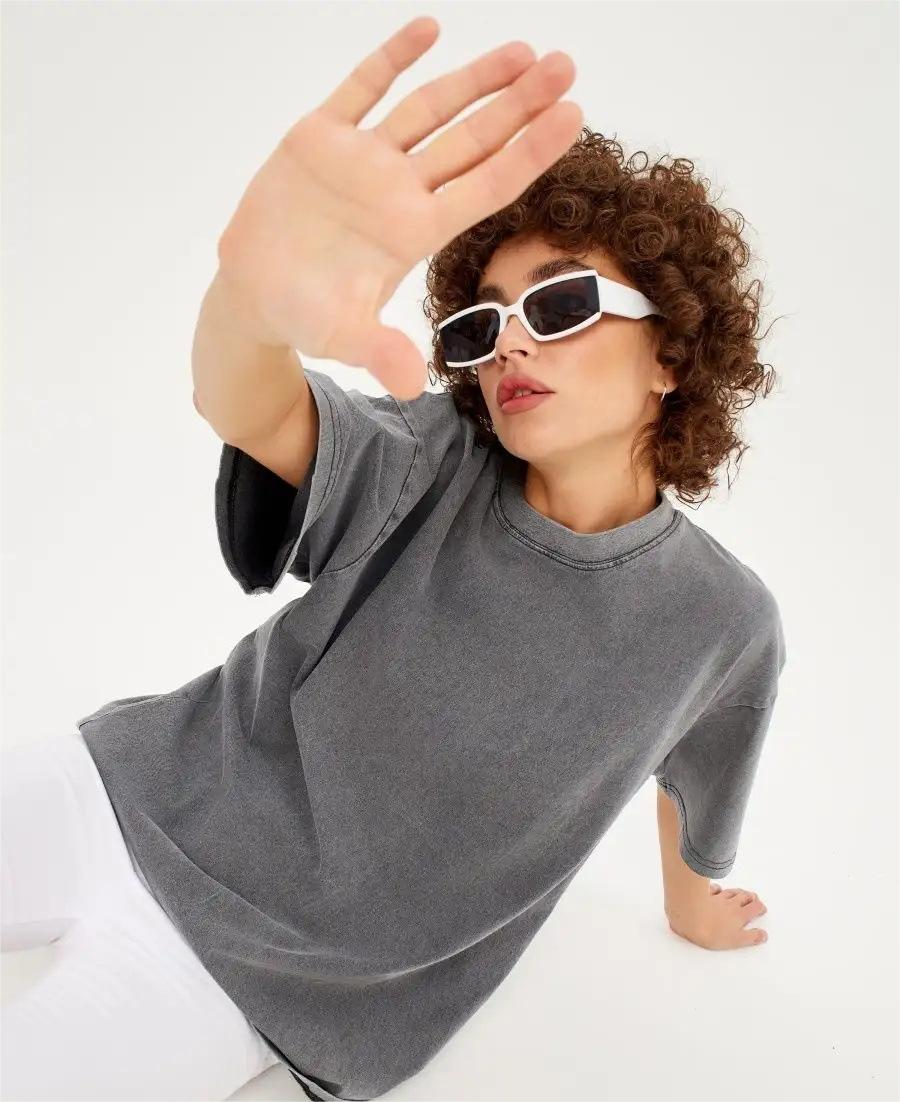 Spring Summer Solid Color T Shirt Women Washed Old Batik Top Cotton Short Sleeve