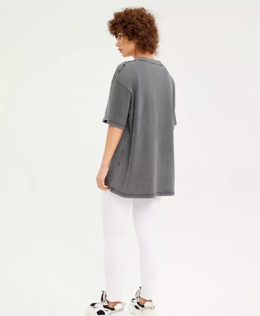 Spring Summer Solid Color T Shirt Women Washed Old Batik Top Cotton Short Sleeve
