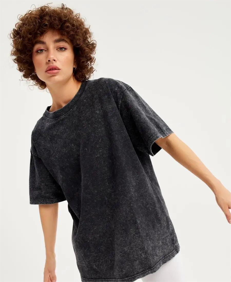 Spring Summer Solid Color T Shirt Women Washed Old Batik Top Cotton Short Sleeve