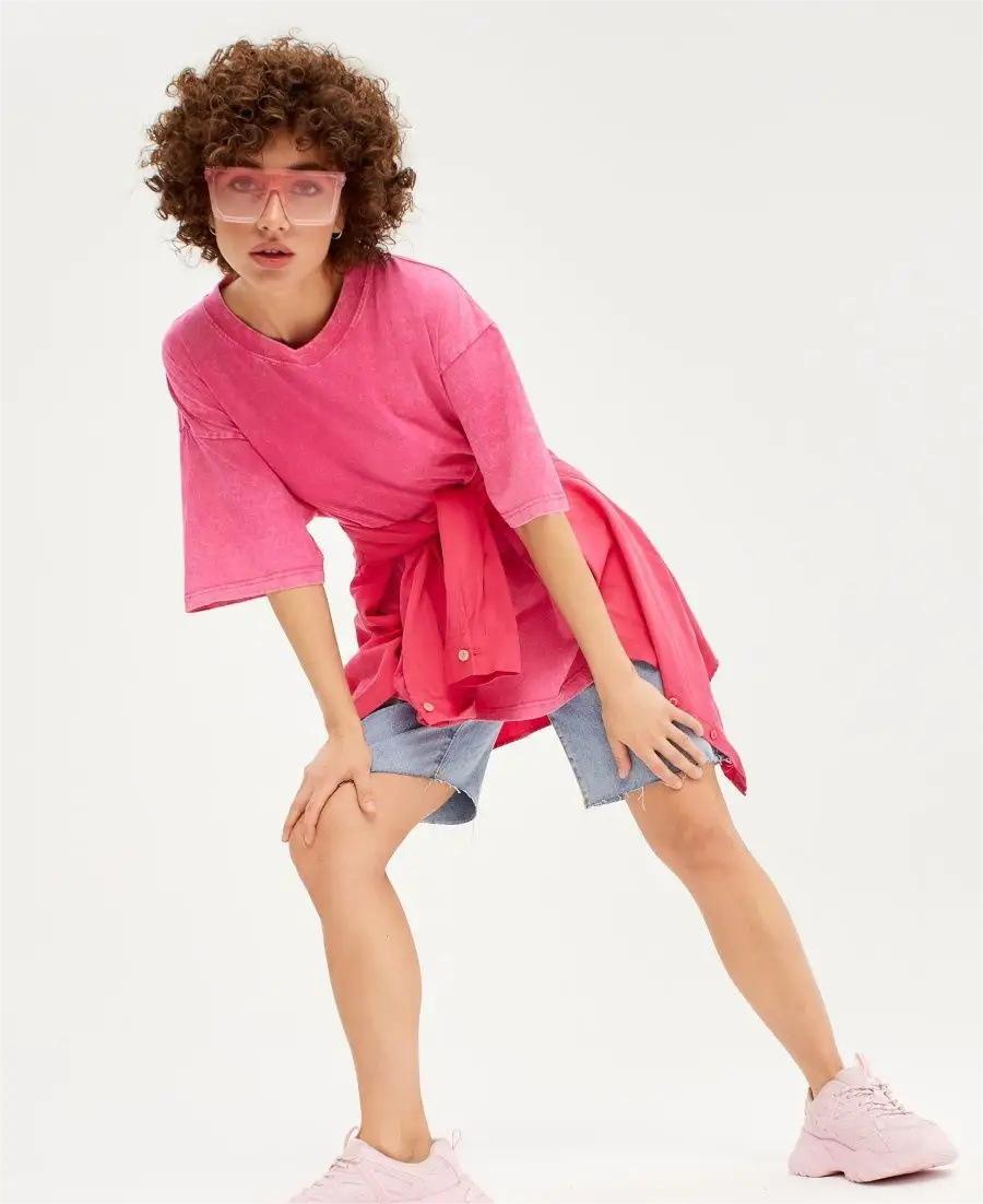 Spring Summer Solid Color T Shirt Women Washed Old Batik Top Cotton Short Sleeve