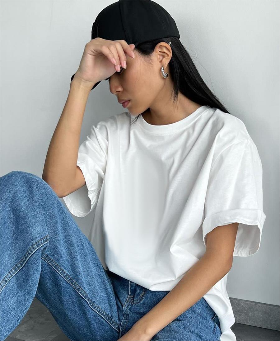 Spring Summer Solid Color Short Sleeved Women Loose Large Cotton T Shirt Simple Top