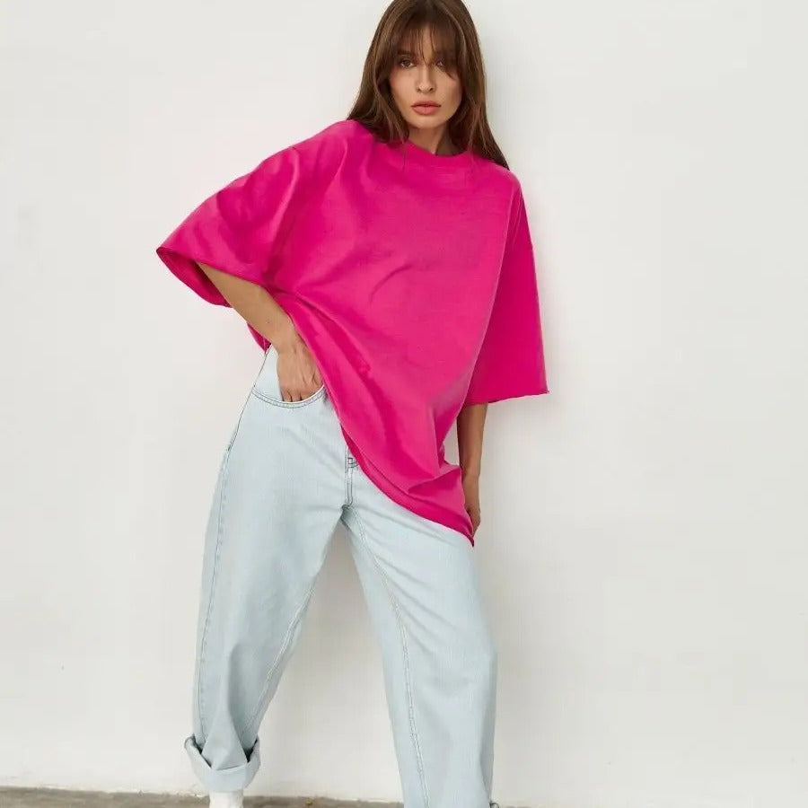 Spring Summer Cotton T Shirt Solid Color Short Sleeve Women Loose Large Version