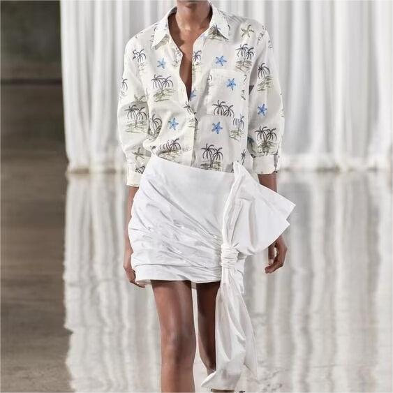 Summer Polo Collar Long Sleeve Single Breasted Pocket Printed Shirt Women