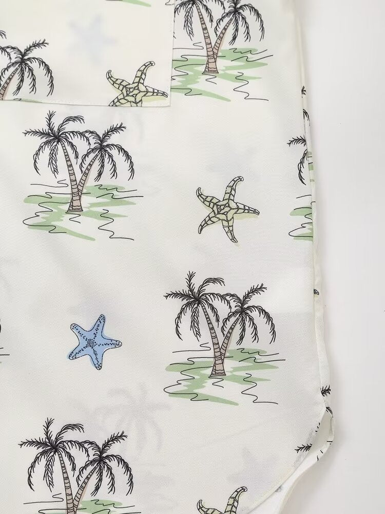 Summer Polo Collar Long Sleeve Single Breasted Pocket Printed Shirt Women