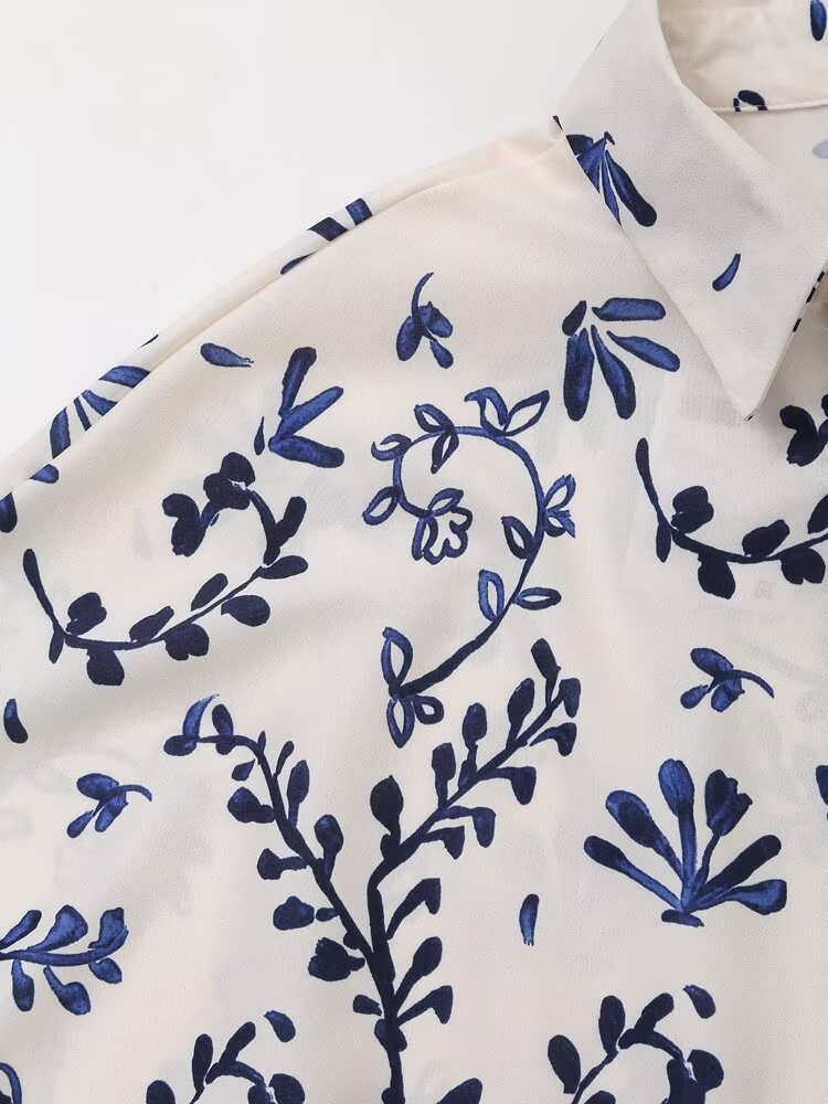 Women Clothing French Printed Kimono Long Sleeve Casual Shirt