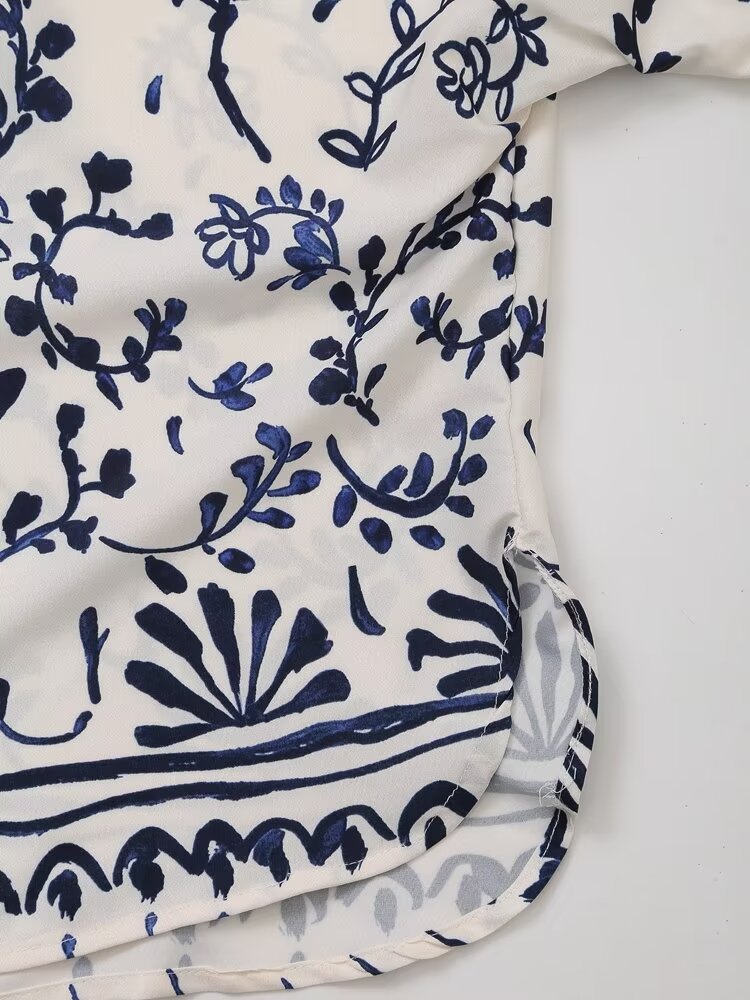 Women Clothing French Printed Kimono Long Sleeve Casual Shirt