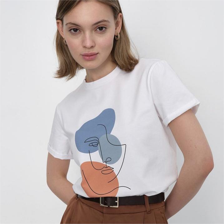 Summer Abstract Aesthetic Printed T Shirt Women Pure Cotton Soft Loose Basic Top T Shirt
