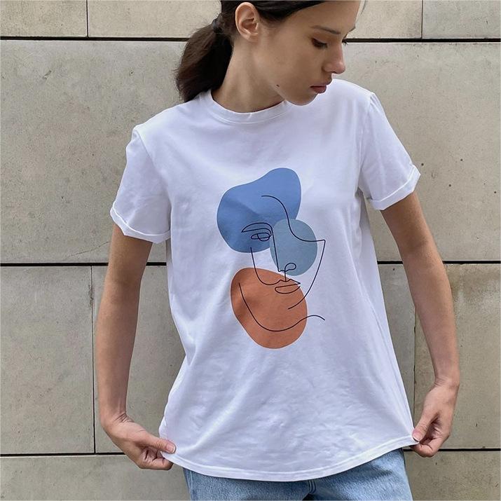 Summer Abstract Aesthetic Printed T Shirt Women Pure Cotton Soft Loose Basic Top T Shirt