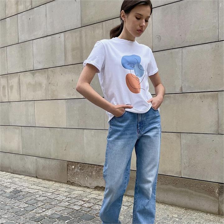 Summer Abstract Aesthetic Printed T Shirt Women Pure Cotton Soft Loose Basic Top T Shirt