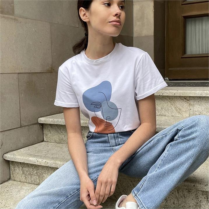 Summer Abstract Aesthetic Printed T Shirt Women Pure Cotton Soft Loose Basic Top T Shirt