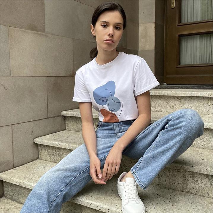 Summer Abstract Aesthetic Printed T Shirt Women Pure Cotton Soft Loose Basic Top T Shirt