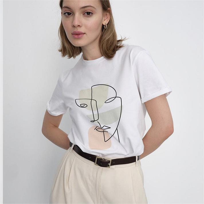 Summer Abstract Aesthetic Printed T Shirt Women Pure Cotton Soft Loose Basic Top T Shirt