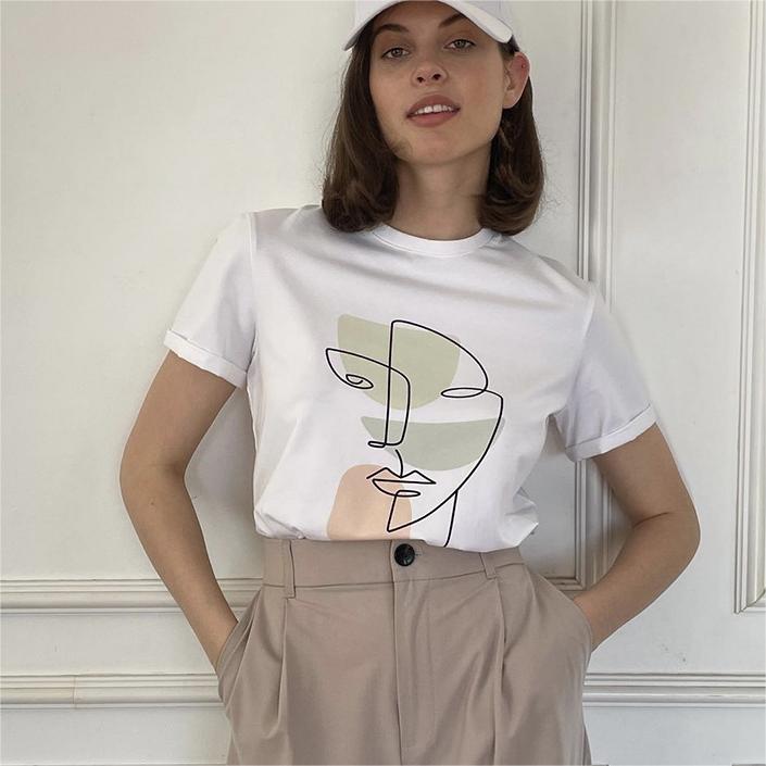 Summer Abstract Aesthetic Printed T Shirt Women Pure Cotton Soft Loose Basic Top T Shirt