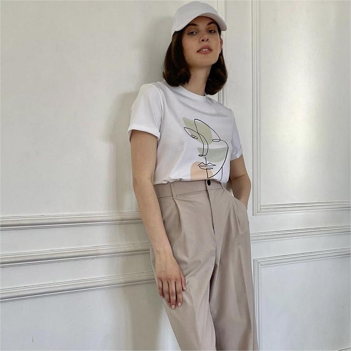 Summer Abstract Aesthetic Printed T Shirt Women Pure Cotton Soft Loose Basic Top T Shirt