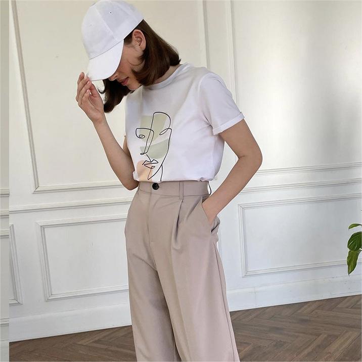 Summer Abstract Aesthetic Printed T Shirt Women Pure Cotton Soft Loose Basic Top T Shirt