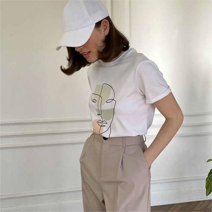 Summer Abstract Aesthetic Printed T Shirt Women Pure Cotton Soft Loose Basic Top T Shirt