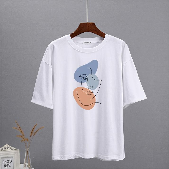 Summer Abstract Aesthetic Printed T Shirt Women Pure Cotton Soft Loose Basic Top T Shirt