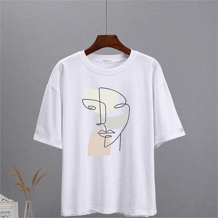 Summer Abstract Aesthetic Printed T Shirt Women Pure Cotton Soft Loose Basic Top T Shirt