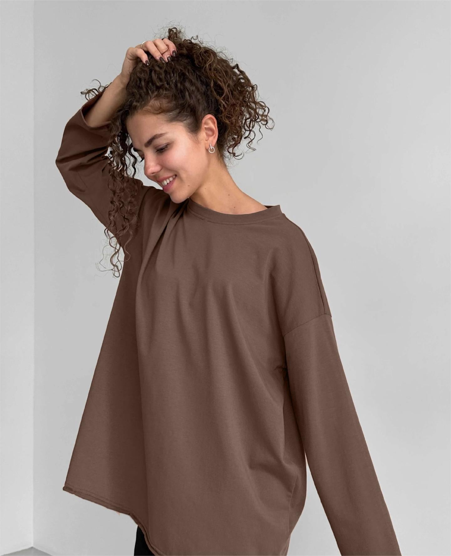 Spring Autumn Solid Color Long Sleeved T Shirt Women Lengthened Coat
