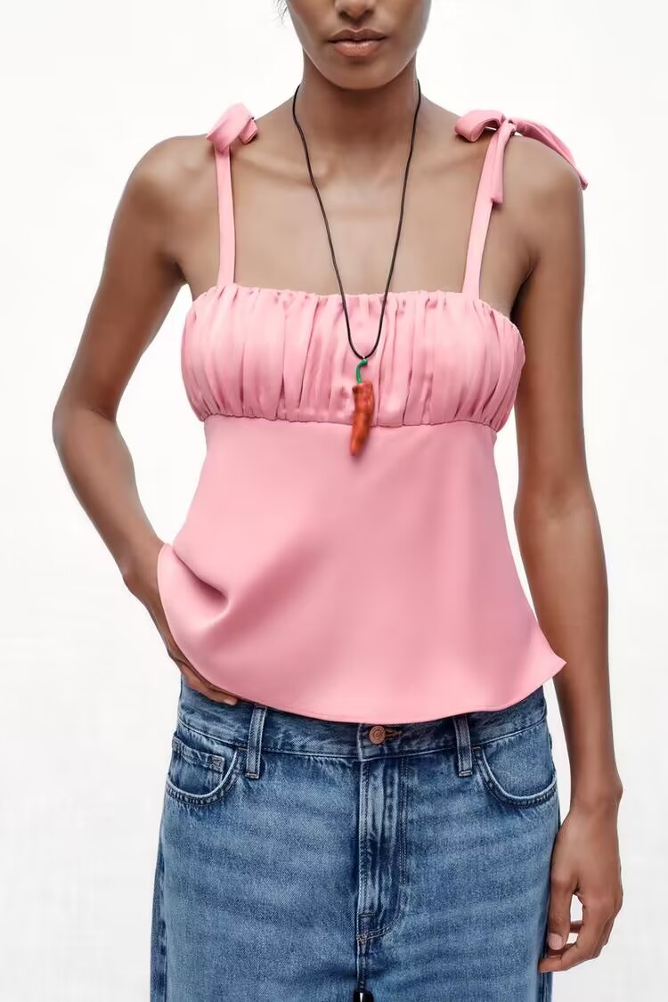 Summer Bowknot Decoration Pleated Satin Textured Top