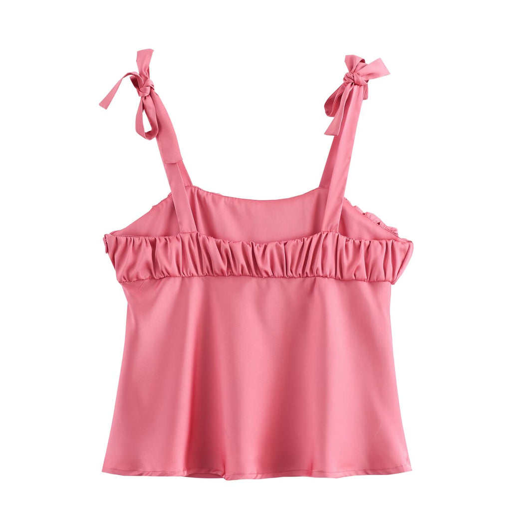 Summer Bowknot Decoration Pleated Satin Textured Top