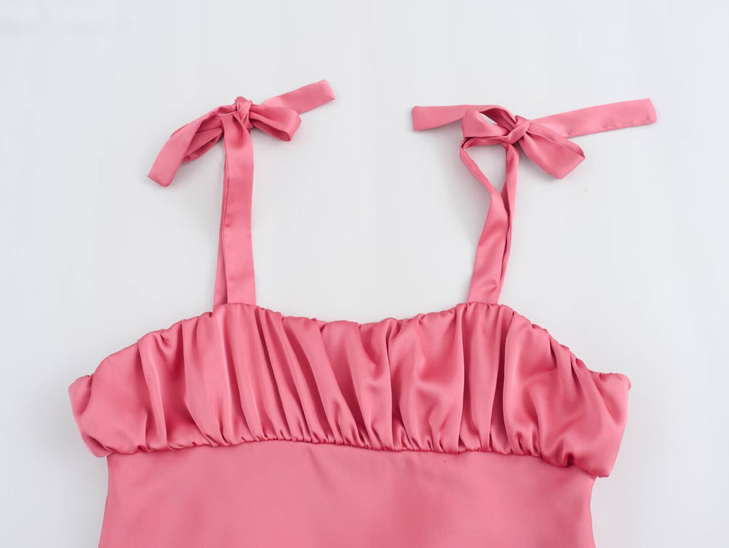 Summer Bowknot Decoration Pleated Satin Textured Top